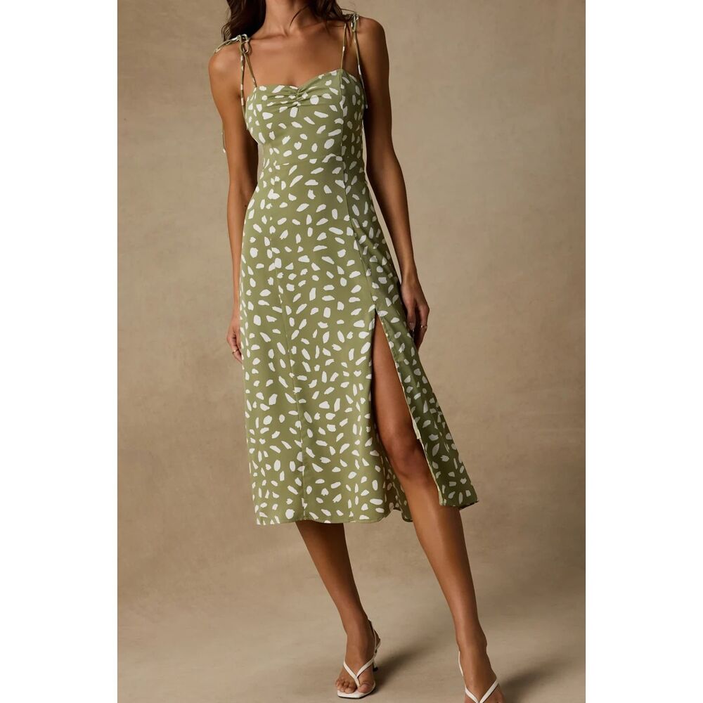 Lulus Party in Paris Sage Green Print Tie-Strap Midi Dress Size XS - Picture 5 of 12